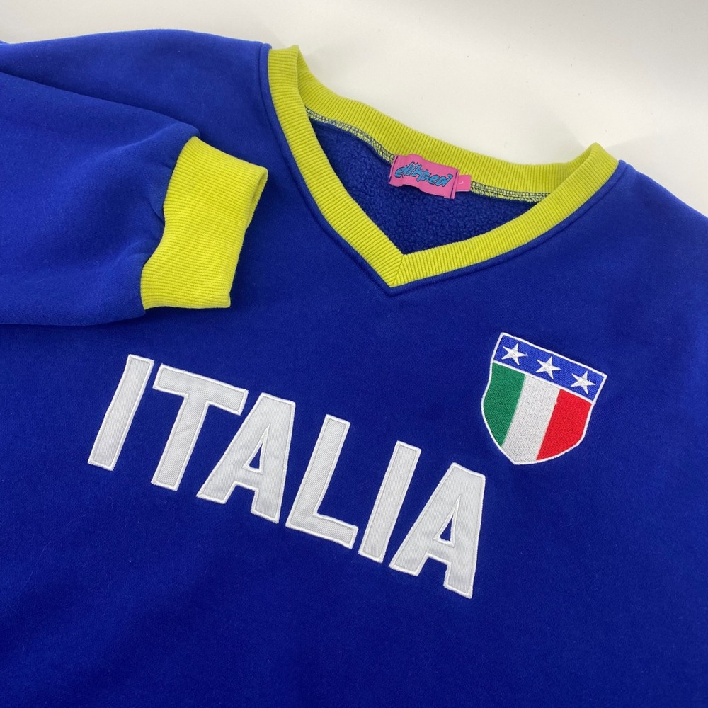 Edikted Sweatshirt Women L Blue Italia V-Neck Retro Sporty Blokecore Pullover